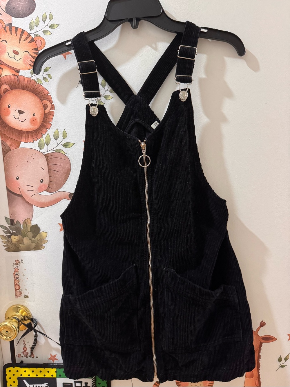 Topshop Black Corduroy Overall Dress with Front Zip Detail
